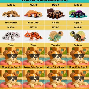The image is a collage of four images, each featuring a different plush toy, including a river otter, spider, tiger, and tortoise, along with a dog wearing sunglasses.