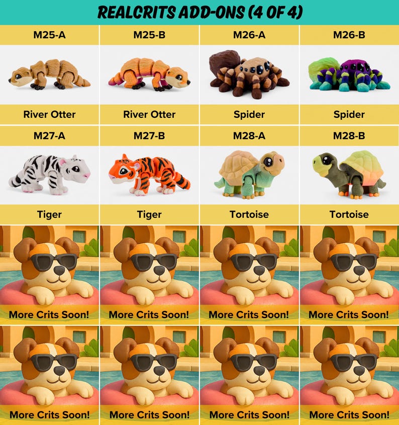 The image is a collage of four images, each featuring a different plush toy, including a river otter, spider, tiger, and tortoise, along with a dog wearing sunglasses.