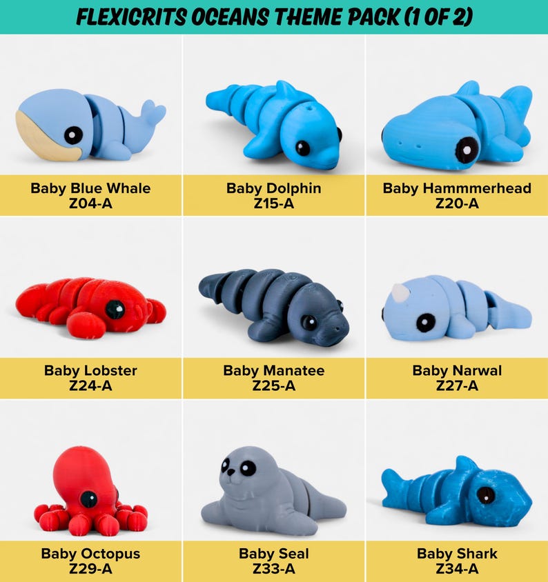 a theme pack of various plush toys, including a blue whale, dolphin, hammerhead, lobster, manatee, narwal, octopus, seal, and shark.