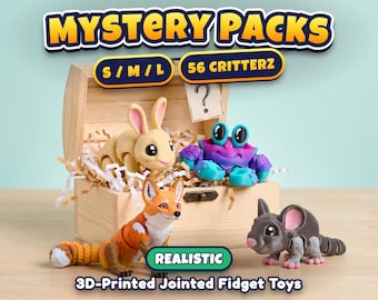 May include: A wooden chest filled with 3D-printed jointed fidget toys including a tan rabbit, a purple and blue crab, an orange and white fox, and a gray chinchilla. Text reads HALLOWEEN SALE 30% OFF, MYSTERY PACKS, S/M/L, 56 CRITTERZ, REALISTIC, 3D-Printed Jointed Fidget Toys.