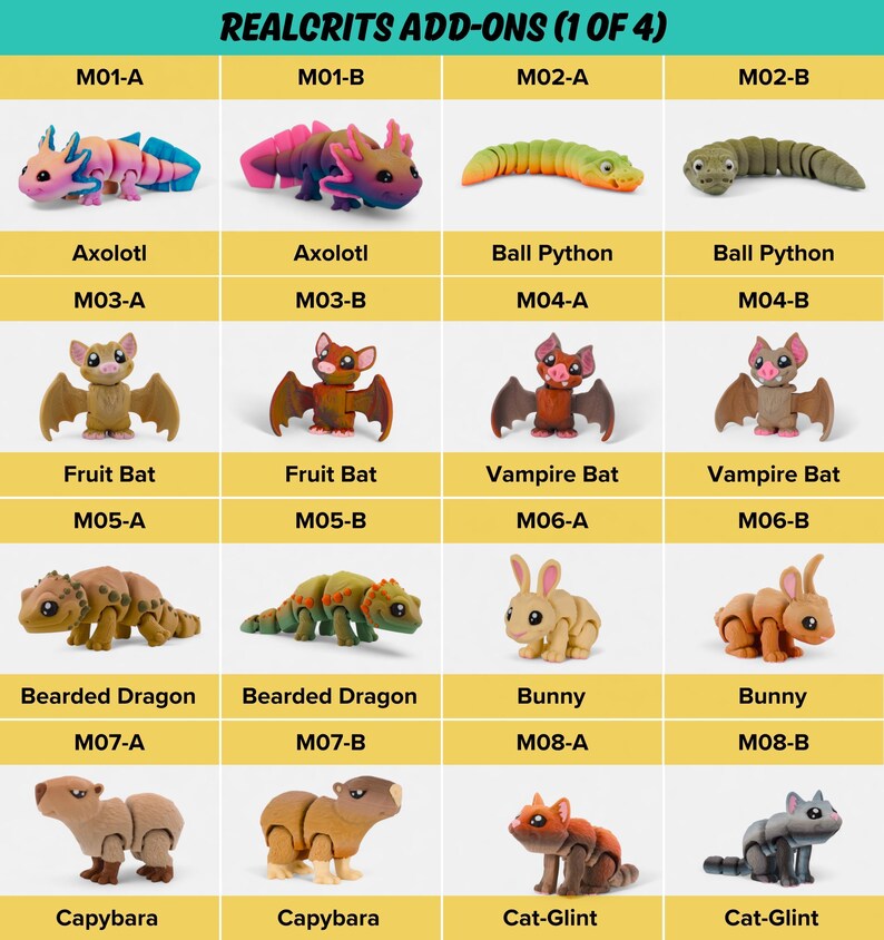 a collection of toy figurines and animals, including bats, fruit bats, vampiric bats, and other creatures, arranged in a grid format.