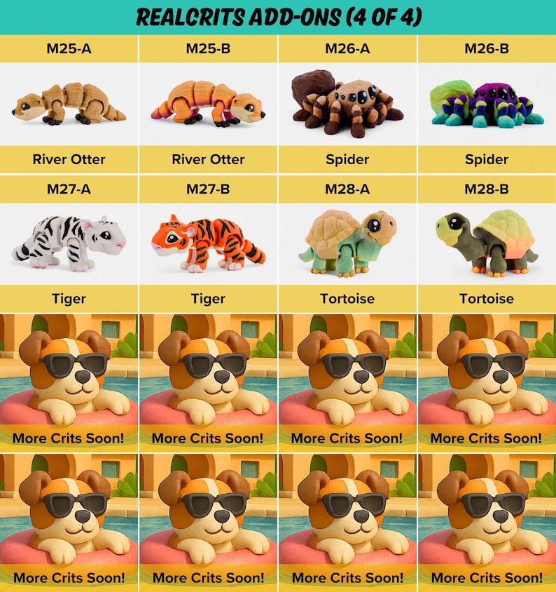 The image is a collage of four images, each featuring a different plush toy, including a river otter, spider, tiger, and tortoise, along with a dog wearing sunglasses.