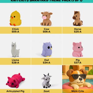 The image is a collage of nine crocheted animal figurines, each with a unique design and color, arranged in a grid format.