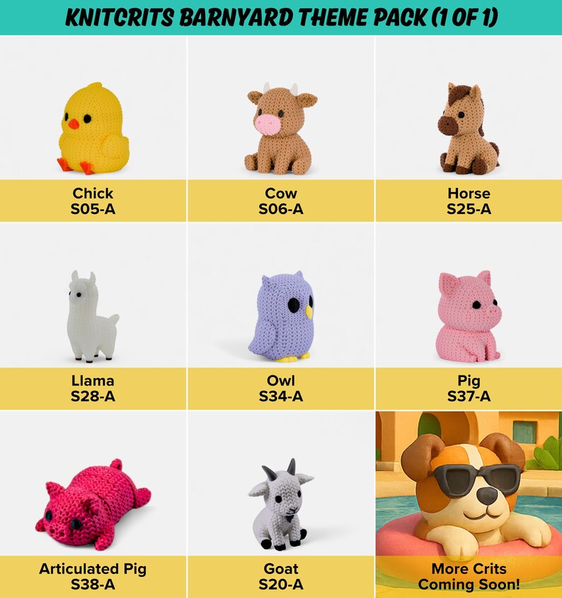 The image is a collage of nine crocheted animal figurines, each with a unique design and color, arranged in a grid format.
