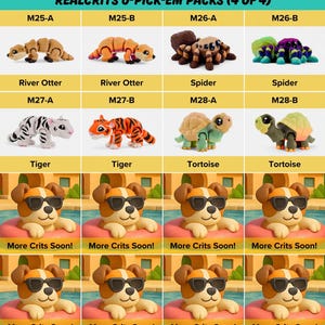 a collection of four different plush toy animals, each with unique features and designs, arranged in a grid format. The toys include a river otter, a spider, a tiger, and a tortoise, each with their own distinct characteristics.