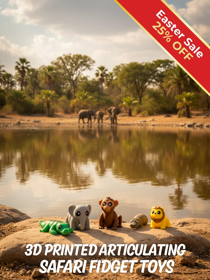 Safari Animal Fidget Toys | 3D Printed Articulated Lion Elephant Crocodile Monkey Python Tiger | African Animals | Sensory | 6-Piece Set image 1