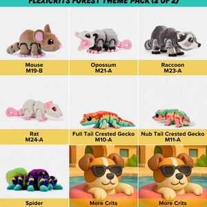 The image is a collection of nine different themed toy animals, including a mouse, opossum, raccoon, rat, lizard, dog, spider, and a dog with sunglasses. The toys are arranged in a grid format, with each row representing a different theme or animal.