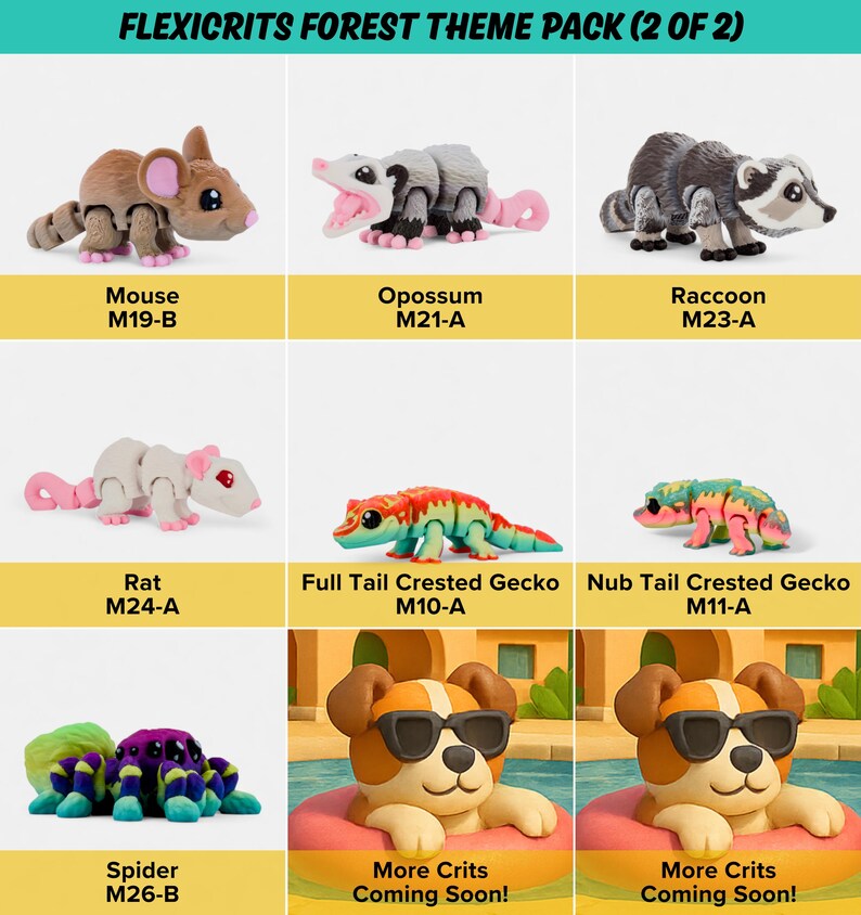 The image is a collection of nine different themed toy animals, including a mouse, opossum, raccoon, rat, lizard, dog, spider, and a dog with sunglasses. The toys are arranged in a grid format, with each row representing a different theme or animal.