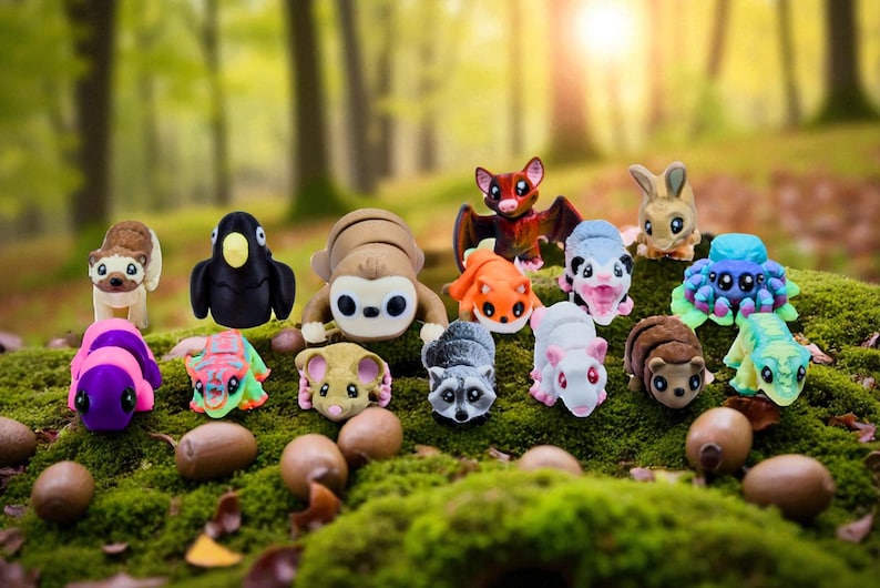 Forest Animal Fidget Toys | 3D Printed Woodland Creatures | Bear Fox Deer Mouse Opossum Snake Lizard Spider Ferret | Sensory | 16-Piece Set image 3