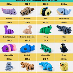 a collection of toy animals, including insects, amphibians, fish, reptiles, and birds, arranged in a grid format.