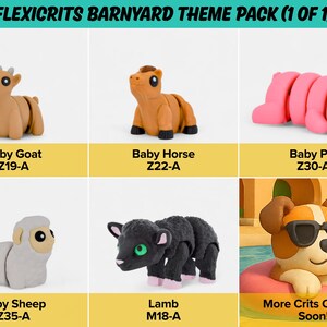 The image is a collage of six different animal figurines, each with a unique design and color, arranged in a grid format.
