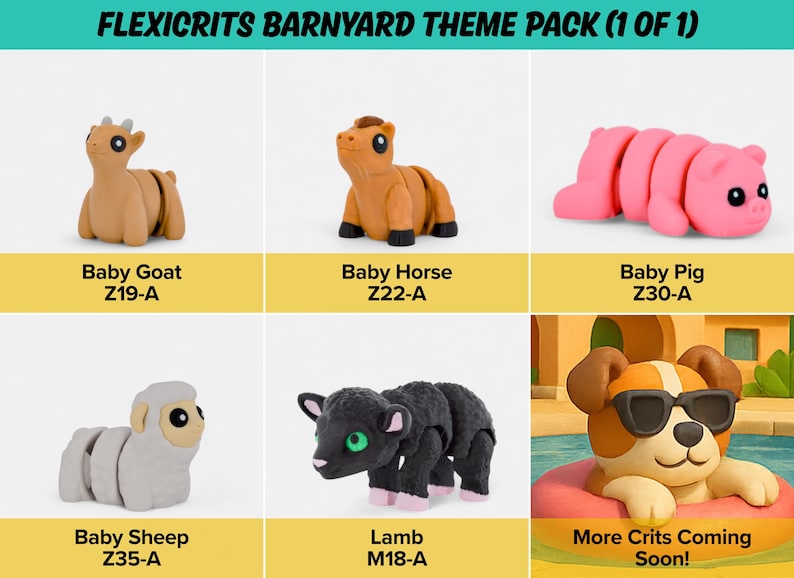 The image is a collage of six different animal figurines, each with a unique design and color, arranged in a grid format.