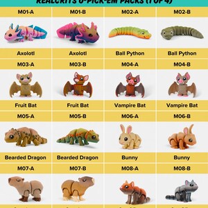 a collection of 16 different toy figurines, each with unique features and designs. The toys include animals such as bats, fruit bats, vampiruses, and other creatures. The toys are arranged in a grid format, with four rows and four columns, showcasing a variety of styles and themes.