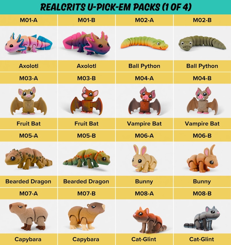 a collection of 16 different toy figurines, each with unique features and designs. The toys include animals such as bats, fruit bats, vampiruses, and other creatures. The toys are arranged in a grid format, with four rows and four columns, showcasing a variety of styles and themes.