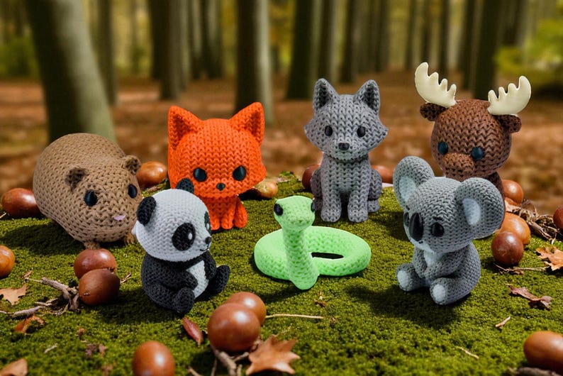 Forest Animal Fidget Toys | 3D Printed Knit-Texture Woodland Creatures | Guinea Pig Koala Moose Panda Wolf | 6-Piece Set image 3