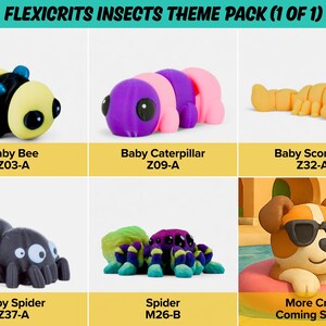 six different toy insects, including a baby bee, a baby caterpillar, a baby scorpion, a baby spider, and a baby mantis.