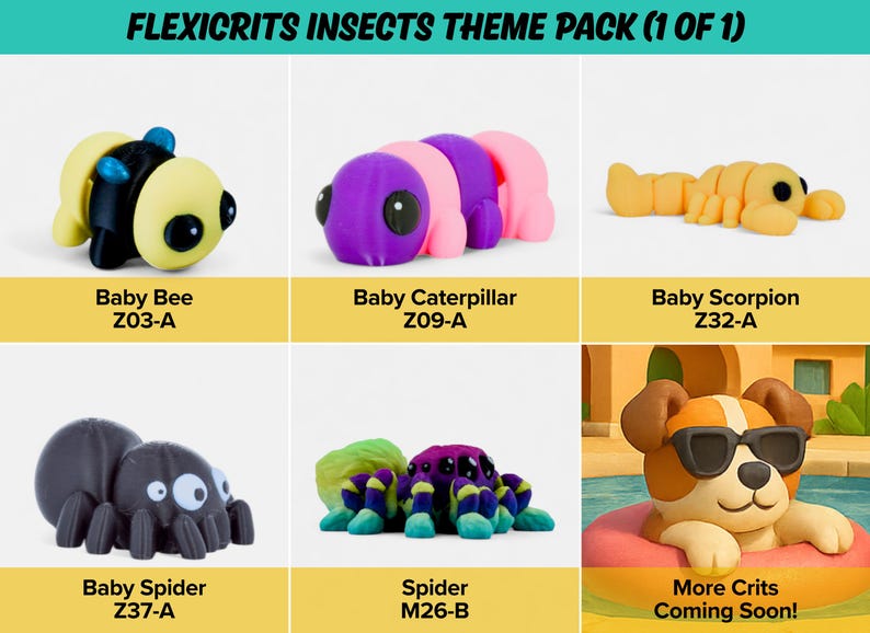 six different toy insects, including a baby bee, a baby caterpillar, a baby scorpion, a baby spider, and a baby mantis.