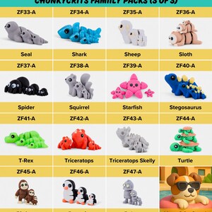 a collection of various stuffed animal toys, including seals, sharks, sheep, sloths, spiders, squirrels, starfish, stegosaurus, turtles, foxes, and penguins, as well as a robot. The toys are arranged in a grid format, with each row representing a different type of toy and each column representing a different size or type of toy. The image does not contain any text, and the toys are not described in detail.
