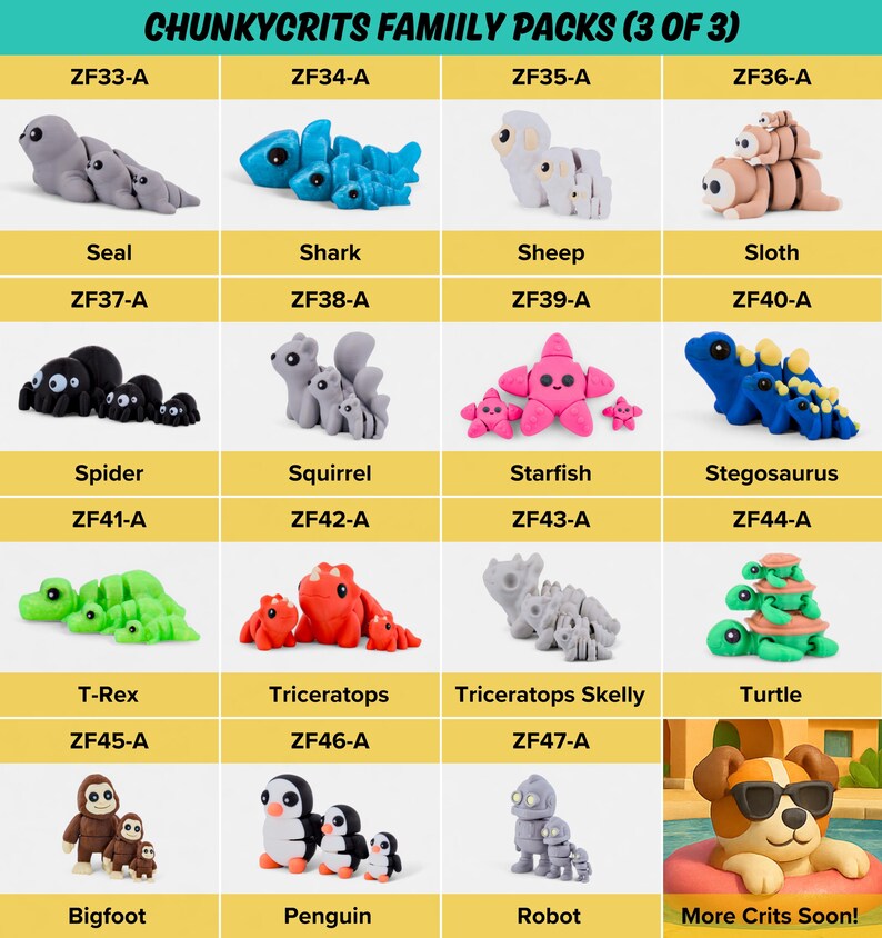 a collection of various stuffed animal toys, including seals, sharks, sheep, sloths, spiders, squirrels, starfish, stegosaurus, turtles, foxes, and penguins, as well as a robot. The toys are arranged in a grid format, with each row representing a different type of toy and each column representing a different size or type of toy. The image does not contain any text, and the toys are not described in detail.