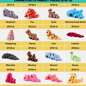 a collection of colorful plush toys representing various animals, including elephants, foxes, goats, hammersharks, hedgehogs, lobsters, and more.