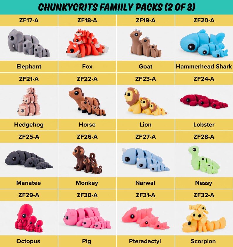 a collection of colorful plush toys representing various animals, including elephants, foxes, goats, hammersharks, hedgehogs, lobsters, and more.