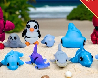 Ocean Fidget Toys | 3D Printed Flexible Sea Animals | Shark Dolphin Turtle Whale Octopus Lobster Manatee | Sensory Play | 13-Piece Set