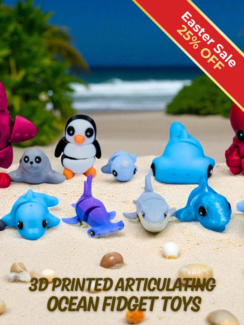 Ocean Fidget Toys | 3D Printed Flexible Sea Animals | Shark Dolphin Turtle Whale Octopus Lobster Manatee | Sensory Play | 13-Piece Set image 1