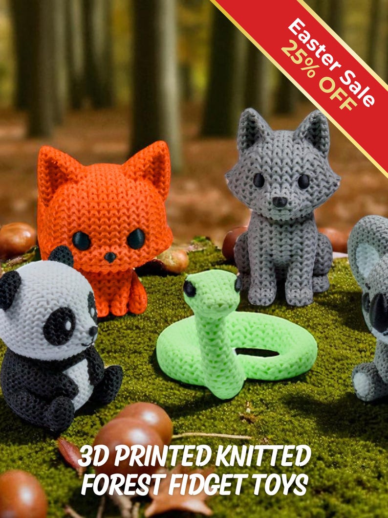 Forest Animal Fidget Toys | 3D Printed Knit-Texture Woodland Creatures | Guinea Pig Koala Moose Panda Wolf | 6-Piece Set image 1