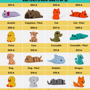 a collection of crocheted animal toys, including a dog, cat, cow, crocodile, duck, elephant, and fox. The toys are arranged in a grid format, with each row representing a different type of animal and each column representing a different crocheted animal. The image does not contain any text, and the crocheted animals are of various sizes and colors, creating a diverse and visually appealing display.