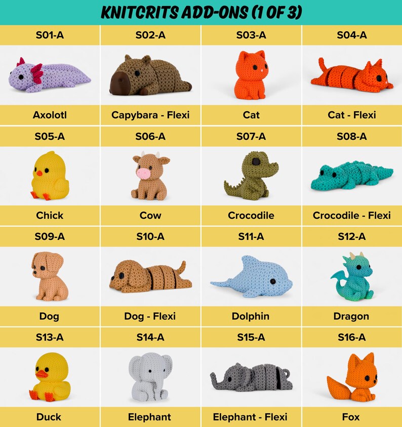 a collection of crocheted animal toys, including a dog, cat, cow, crocodile, duck, elephant, and fox. The toys are arranged in a grid format, with each row representing a different type of animal and each column representing a different crocheted animal. The image does not contain any text, and the crocheted animals are of various sizes and colors, creating a diverse and visually appealing display.