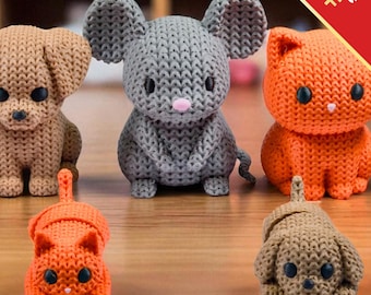 Household Animal Fidget Toys | 3D Printed Knit-Texture Cats Dogs and Other Critterz | Sensory Play | 7-Piece Home Set