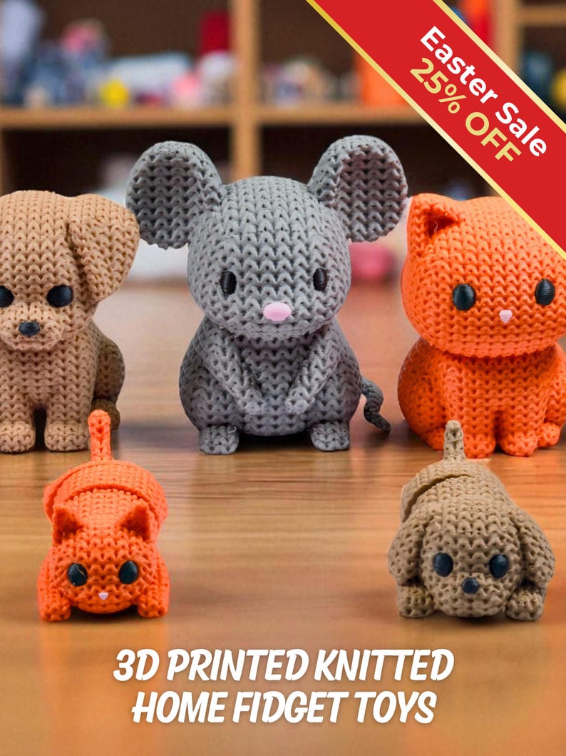 Household Animal Fidget Toys | 3D Printed Knit-Texture Cats Dogs and Other Critterz | Sensory Play | 7-Piece Home Set image 1