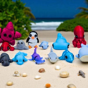 Ocean Fidget Toys | 3D Printed Flexible Sea Animals | Shark Dolphin Turtle Whale Octopus Lobster Manatee | Sensory Play | 13-Piece Set image 3