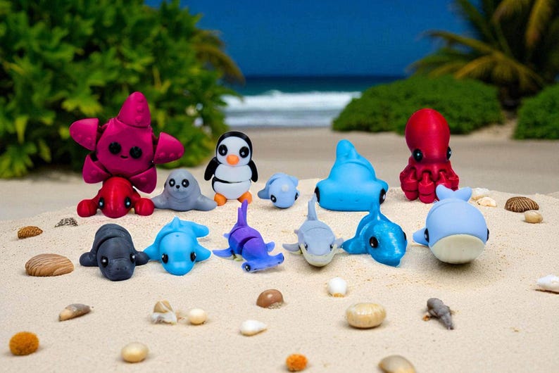 Ocean Fidget Toys | 3D Printed Flexible Sea Animals | Shark Dolphin Turtle Whale Octopus Lobster Manatee | Sensory Play | 13-Piece Set image 3