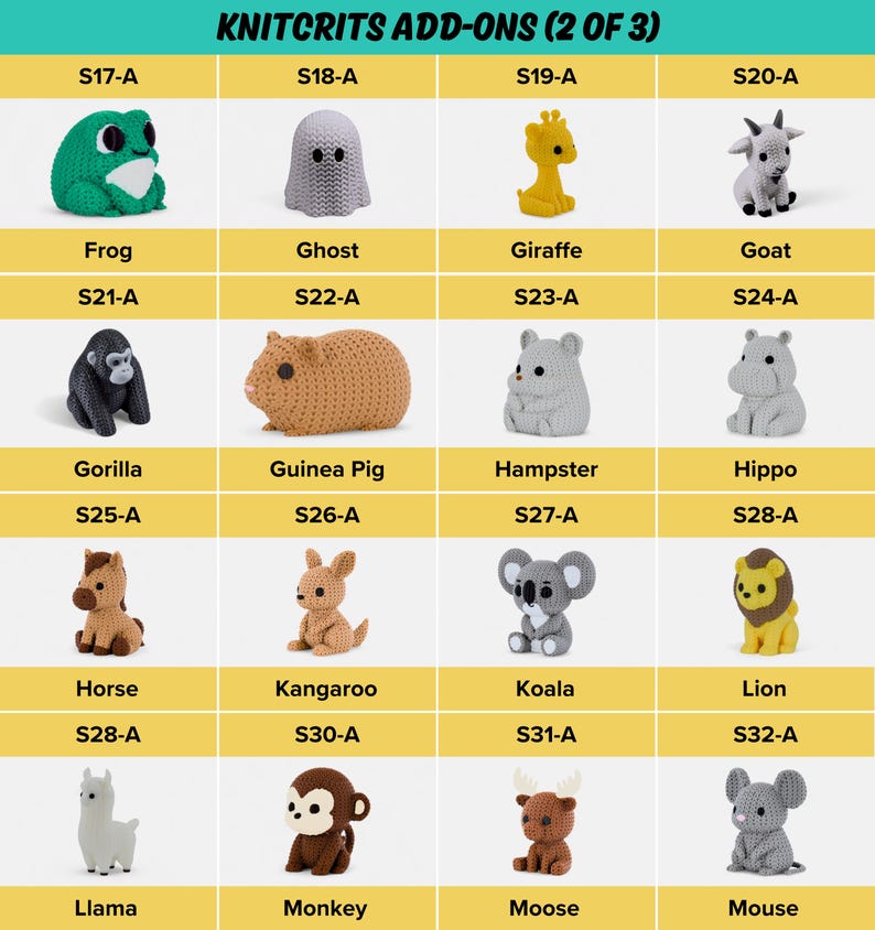 a collection of crochet animal figurines, including a frog, ghost, giraffe, goat, gorilla, guinea pig, hamster, hippo, kangaroo, koala, lion, horse, kangaroo, koala, llama, monkey, and moose.