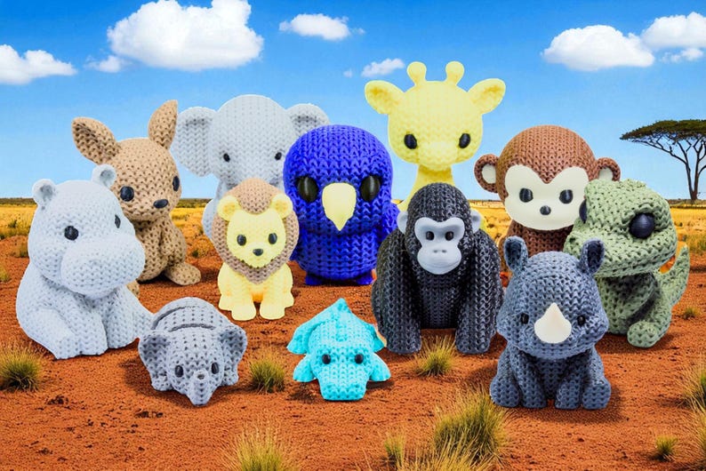 Safari Animal Fidget Toys | 3D Printed Knit-Texture Lion Elephants Croc Giraffe Hippo Rhino Monkey Gorilla | African Animals | 12-Piece Set image 3