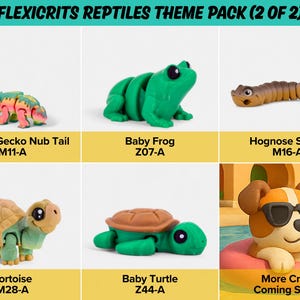 a collection of six different reptiles toys, including a crested gecko nub tail, a baby frog, a hognose snake, a tortoise, a baby turtle, and a dog with sunglasses.