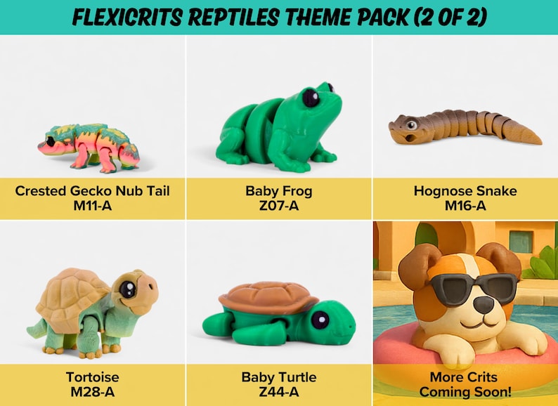 a collection of six different reptiles toys, including a crested gecko nub tail, a baby frog, a hognose snake, a tortoise, a baby turtle, and a dog with sunglasses.
