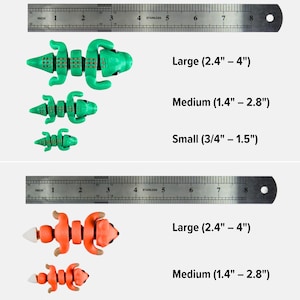 size examples of different objects, including toy lizards and toy animals, along with their corresponding measurements.