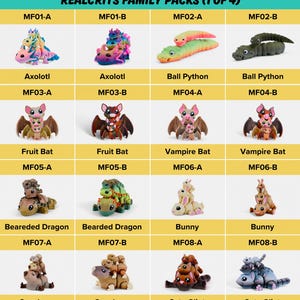 a collection of 16 different toy figurines, each with unique features and designs, arranged in a grid format.