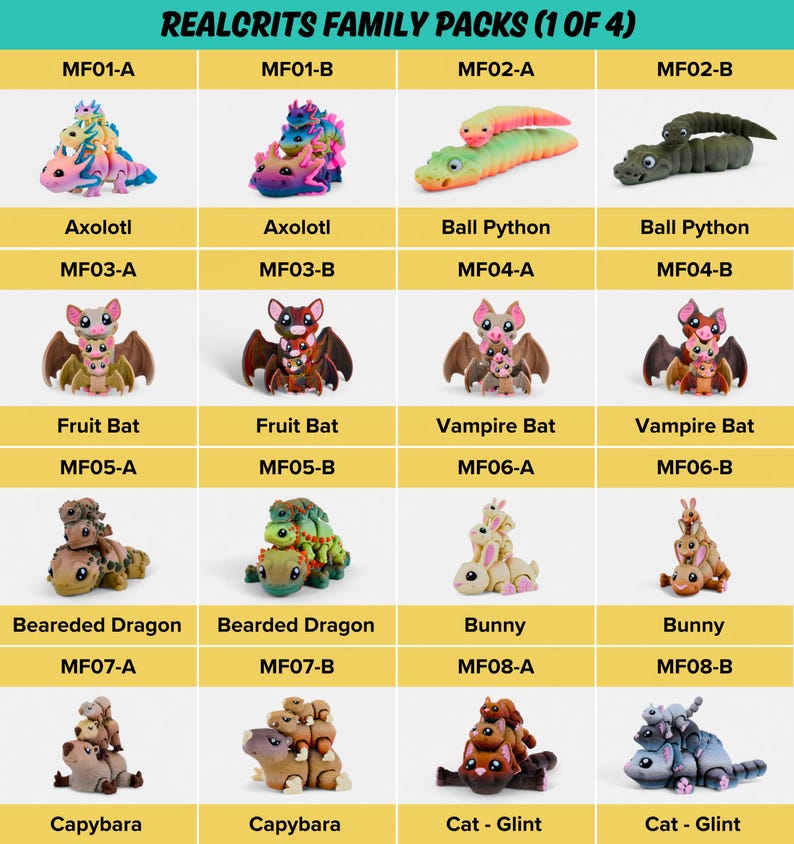a collection of 16 different toy figurines, each with unique features and designs, arranged in a grid format.