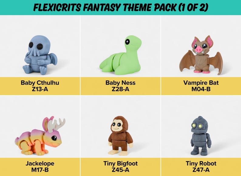 Fantasy Fidget Toys | 3D Printed Loch Ness Vampire Jackalope Yeti Mummies Skeletons | Sensory Play | 6-Piece Magical Collection image 4
