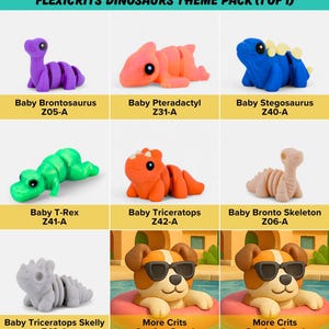 a theme pack of flexicrits dinosaurs, featuring various plush toy dinosaur figures in different colors and sizes.
