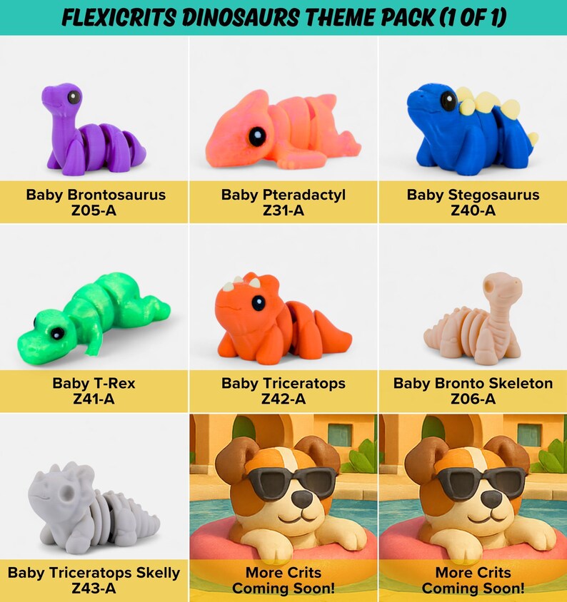 a theme pack of flexicrits dinosaurs, featuring various plush toy dinosaur figures in different colors and sizes.