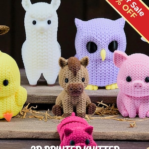 Barnyard Fidget Toys | 3D Printed Knit-Textured Farm Animals | Cow Alpaca Owl Pigs Chicken Horse Goat | Sensory Play | 8-Piece Collection image 1