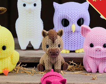 Barnyard Fidget Toys | 3D Printed Knit-Textured Farm Animals | Cow Alpaca Owl Pigs Chicken Horse Goat | Sensory Play | 8-Piece Collection