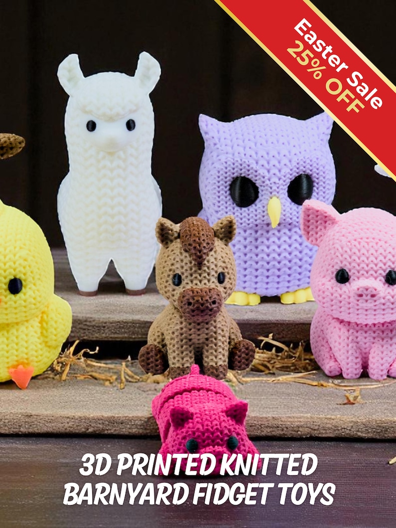 Barnyard Fidget Toys | 3D Printed Knit-Textured Farm Animals | Cow Alpaca Owl Pigs Chicken Horse Goat | Sensory Play | 8-Piece Collection image 1