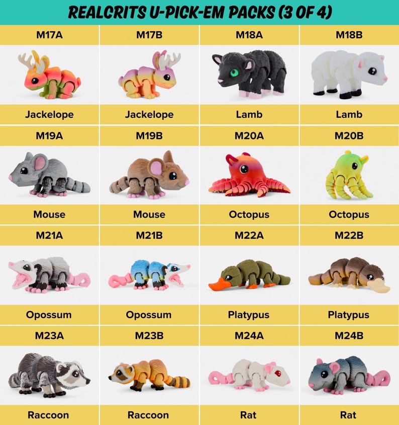 a collection of toy animal figures, including a jaguar, a lamb, a mouse, an octopus, an opossum, a platypus, a raccoon, and a rat.