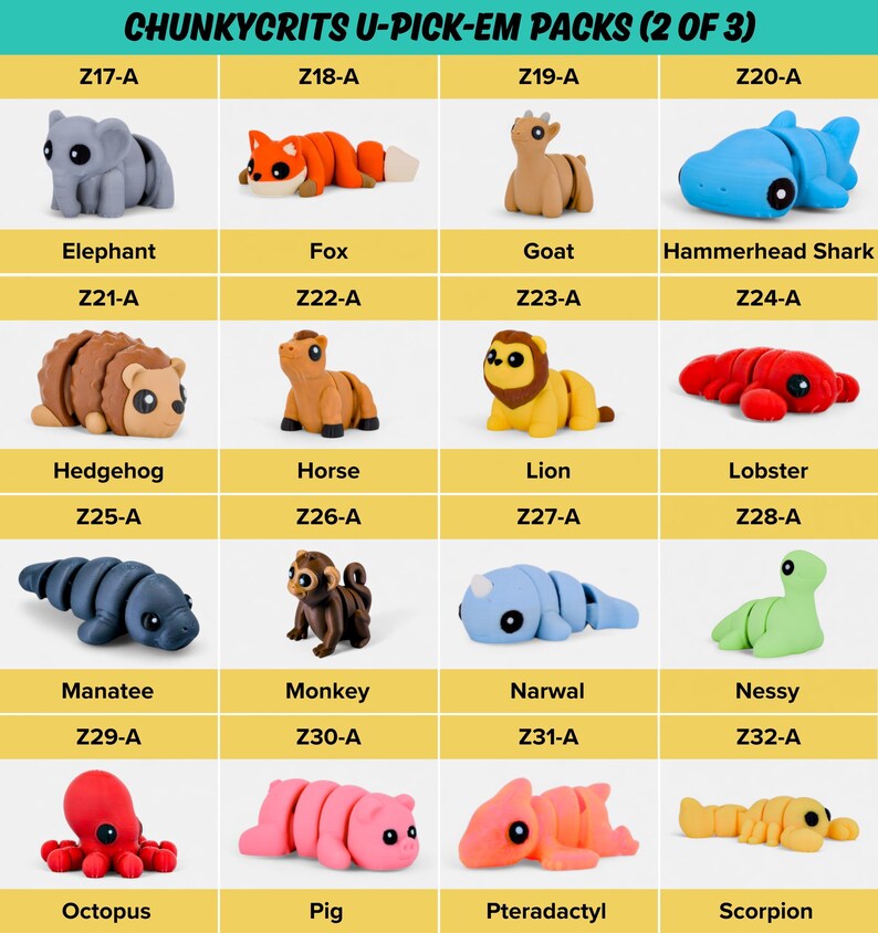 a collection of toy animals, including elephants, foxes, goats, hammersharks, hedgehogs, lobsters, and more, arranged in a grid format.