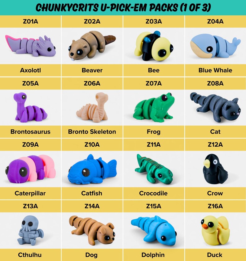 a collection of 16 different plush toy animals, each with unique features and designs, arranged in a grid format.
